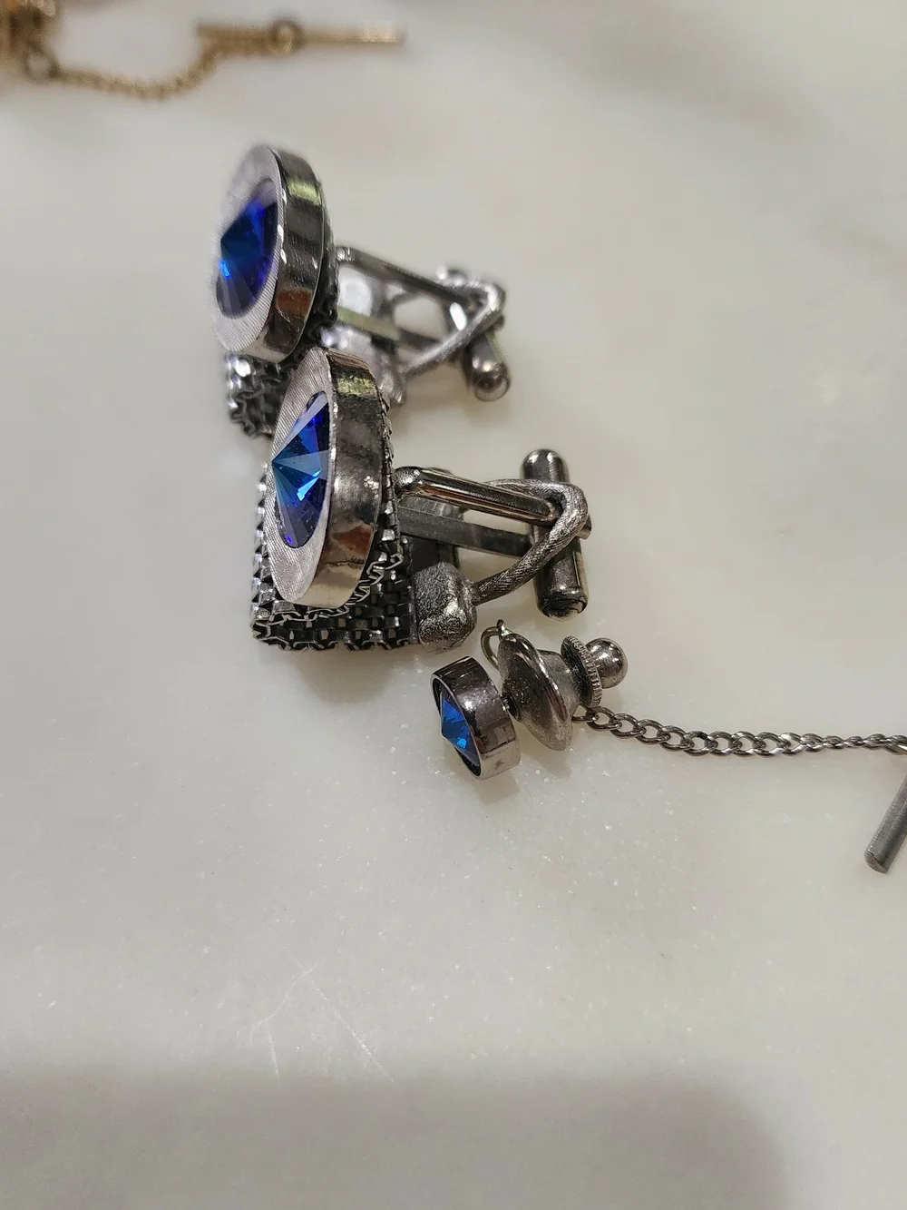Vintage Mid-Century Men's Cufflinks Lot Mesh Wrap Styles 4 Sets + 3 Tie Tacks